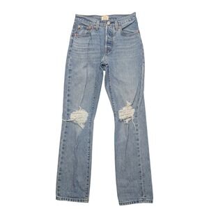 Levis 501 Original Jeans Womens 24 Light Wash Distressed Straight Leg Blue